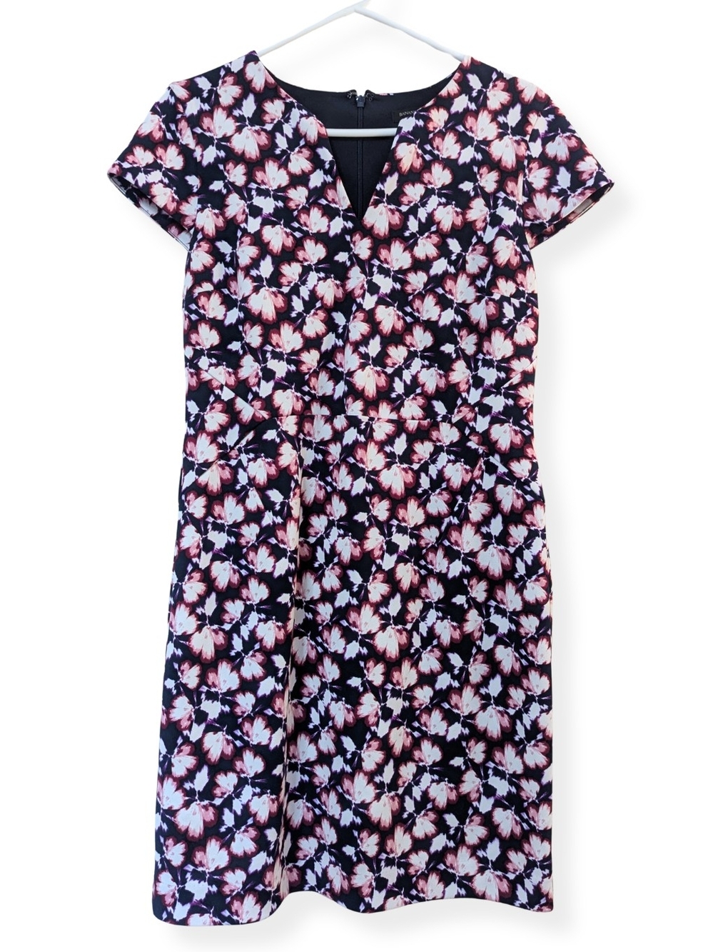 Floral Print V-Neck A-Line Dress - Navy & Pink